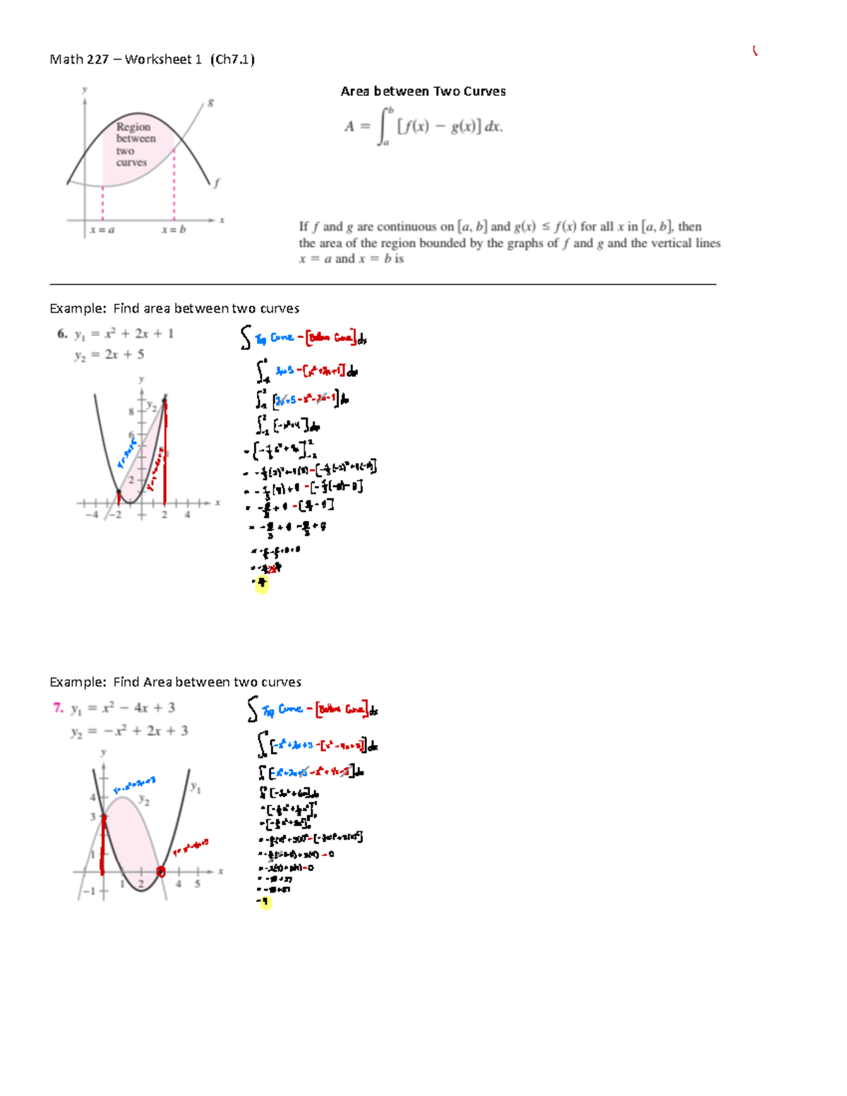Worksheet 1 - Math 227 – Worksheet 1 (Ch7) Area between Two Curves ...