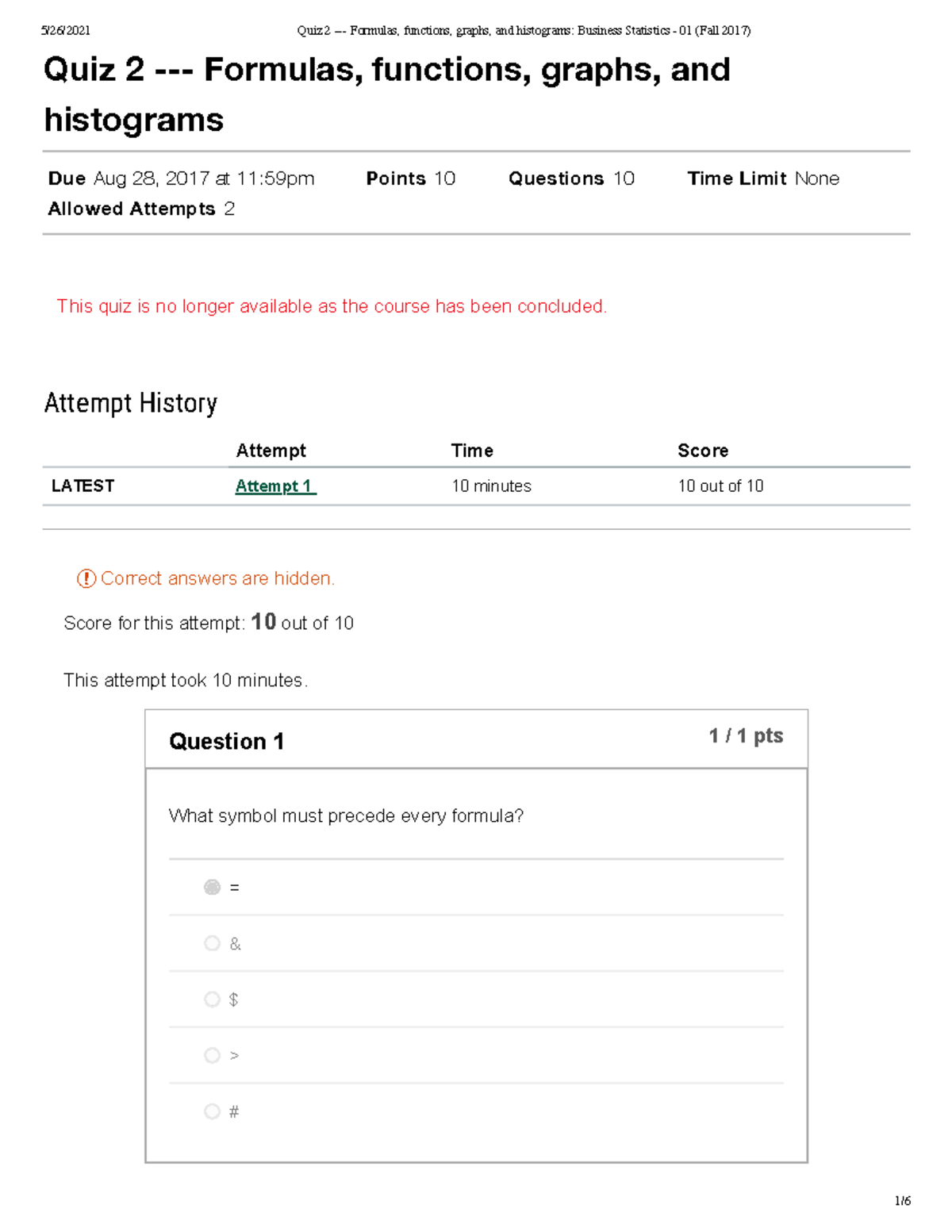 Quiz 2 Formulas functions graphs and histograms: Business Statistics 01 ...