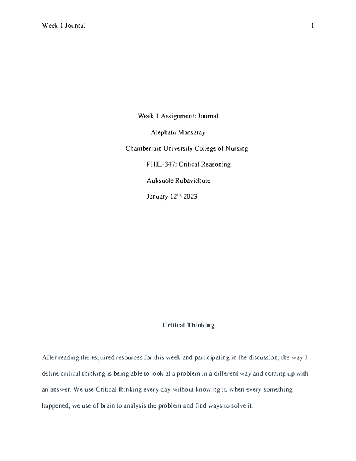 Critical reading jo - it the first week essay - Week 1 Journal 1 Week 1 ...