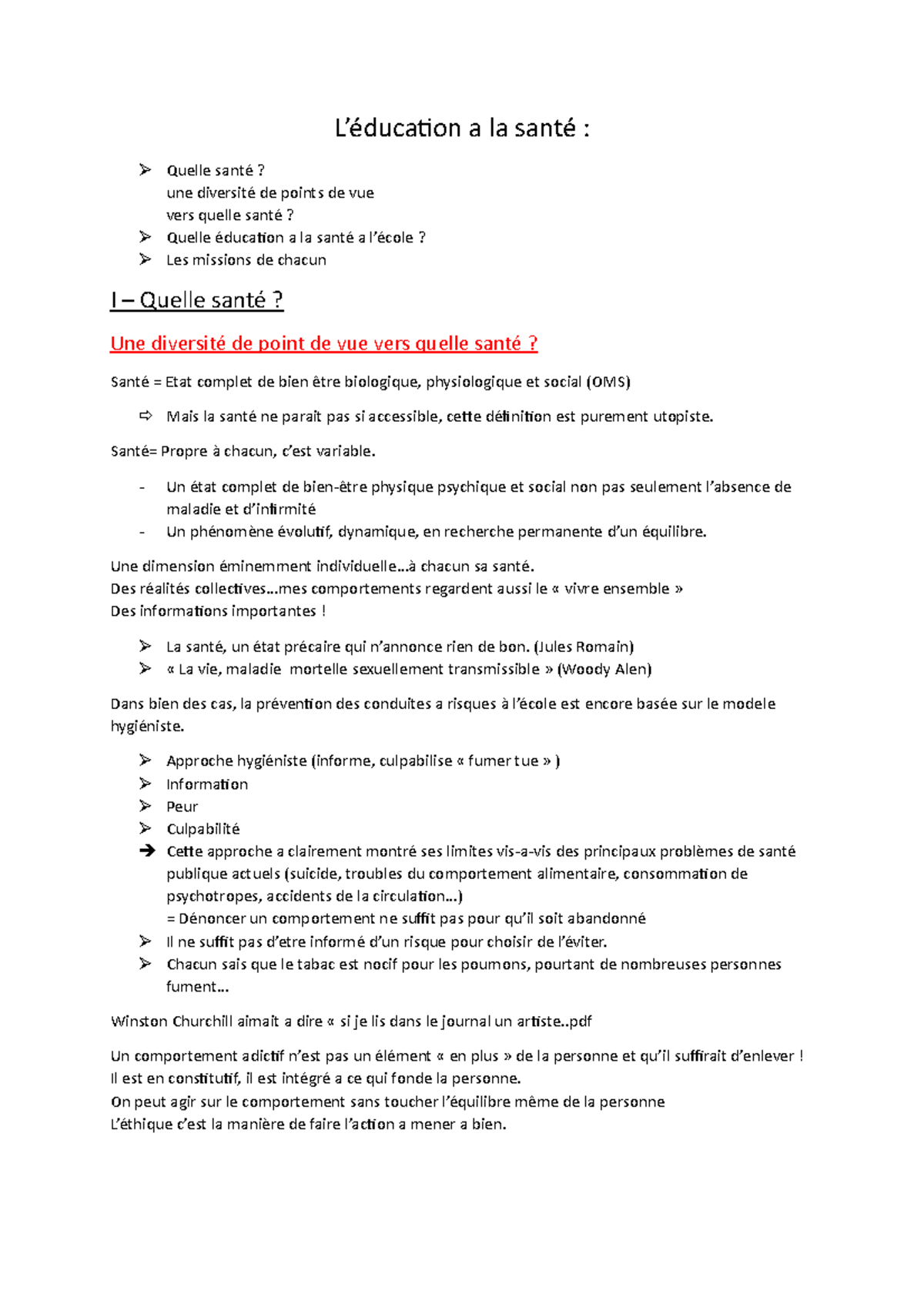 Educ santé - Notes de cours 1 - L’éducation a la santé : Quelle santé ...