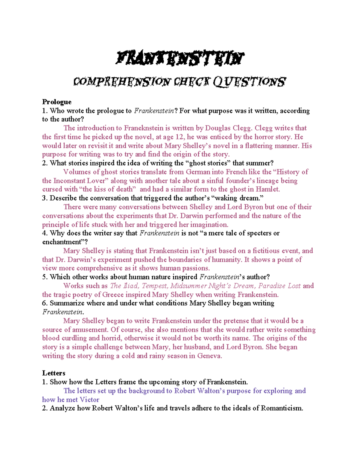 Frankenstein questions Frankenstein Comprehension Check Questions