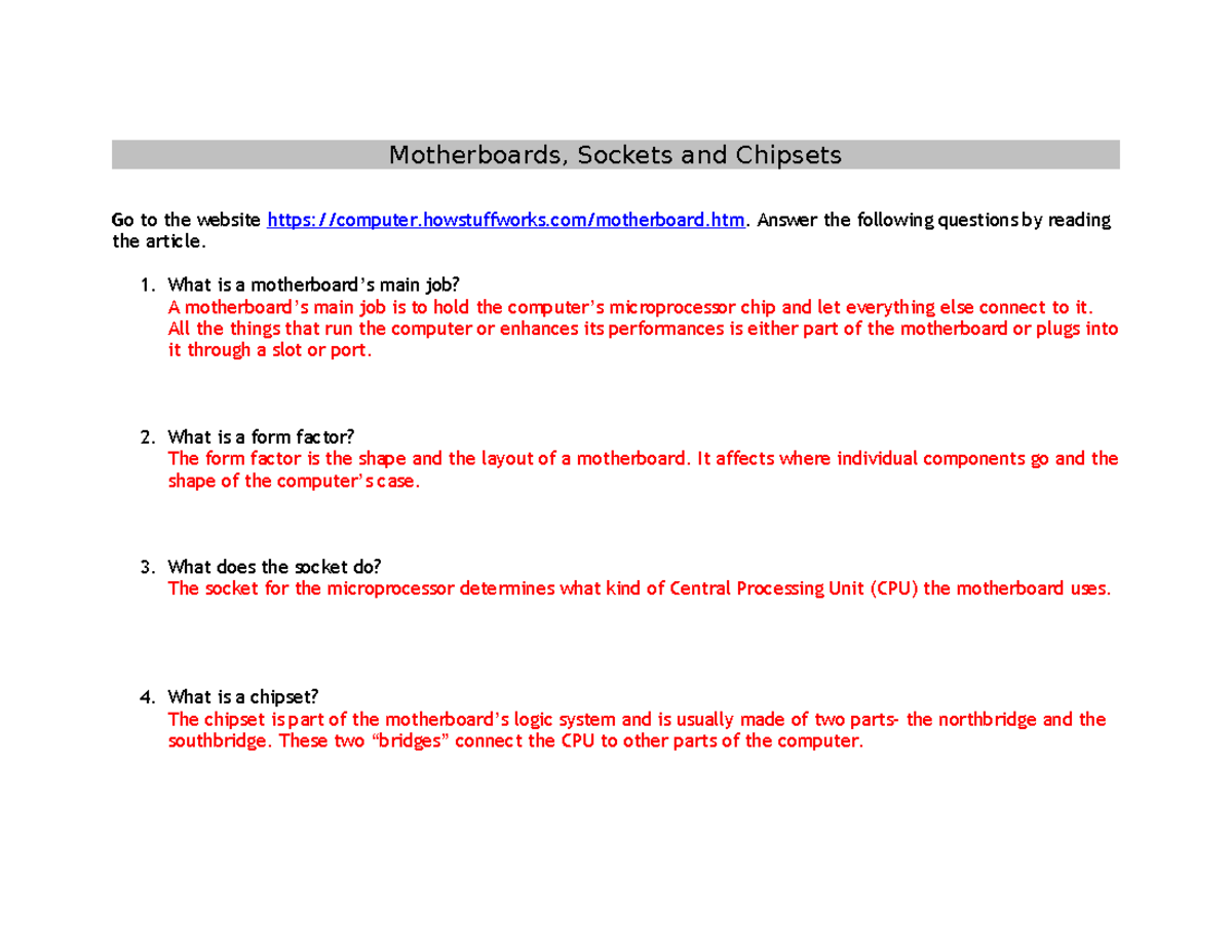 2 Assignment - Motherboards - Motherboards, Sockets And Chipsets Go To 