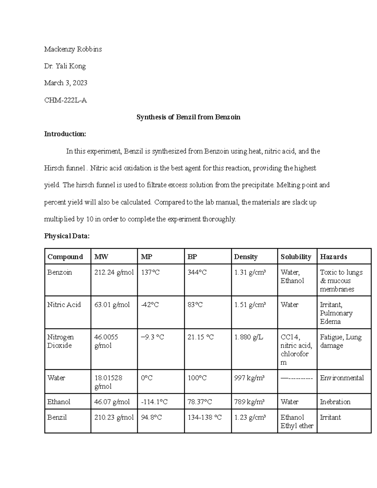 CHM-222L Lab Report #6 - Mackenzy Robbins Dr. Yali Kong March 3, 2023 ...