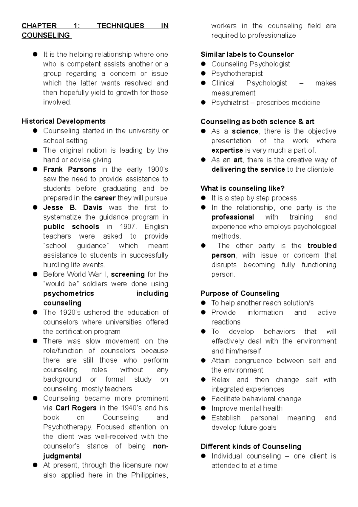 Counseling Notes - CHAPTER 1: TECHNIQUES IN COUNSELING l It is the ...