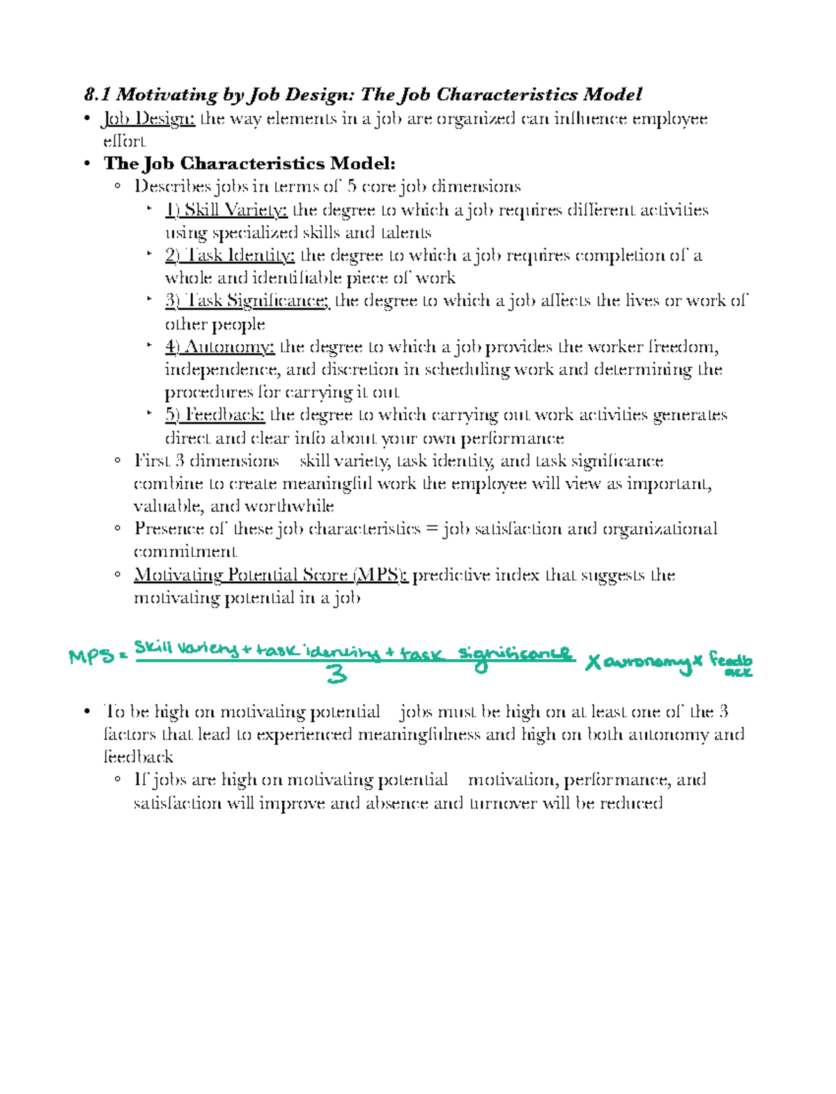 Chapter 8 Textbook Summary - 8 Motivating by Job Design: The Job ...