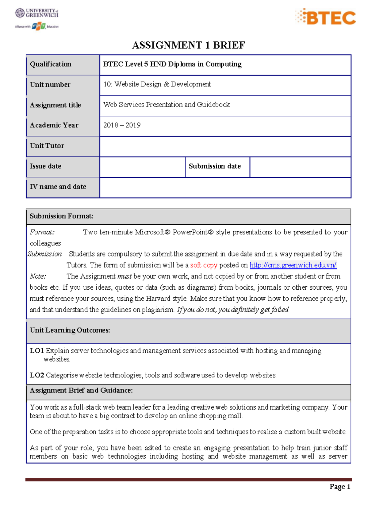 Assignment 1 Web 2022 - ASSIGNMENT 1 BRIEF Qualification BTEC Level 5 ...