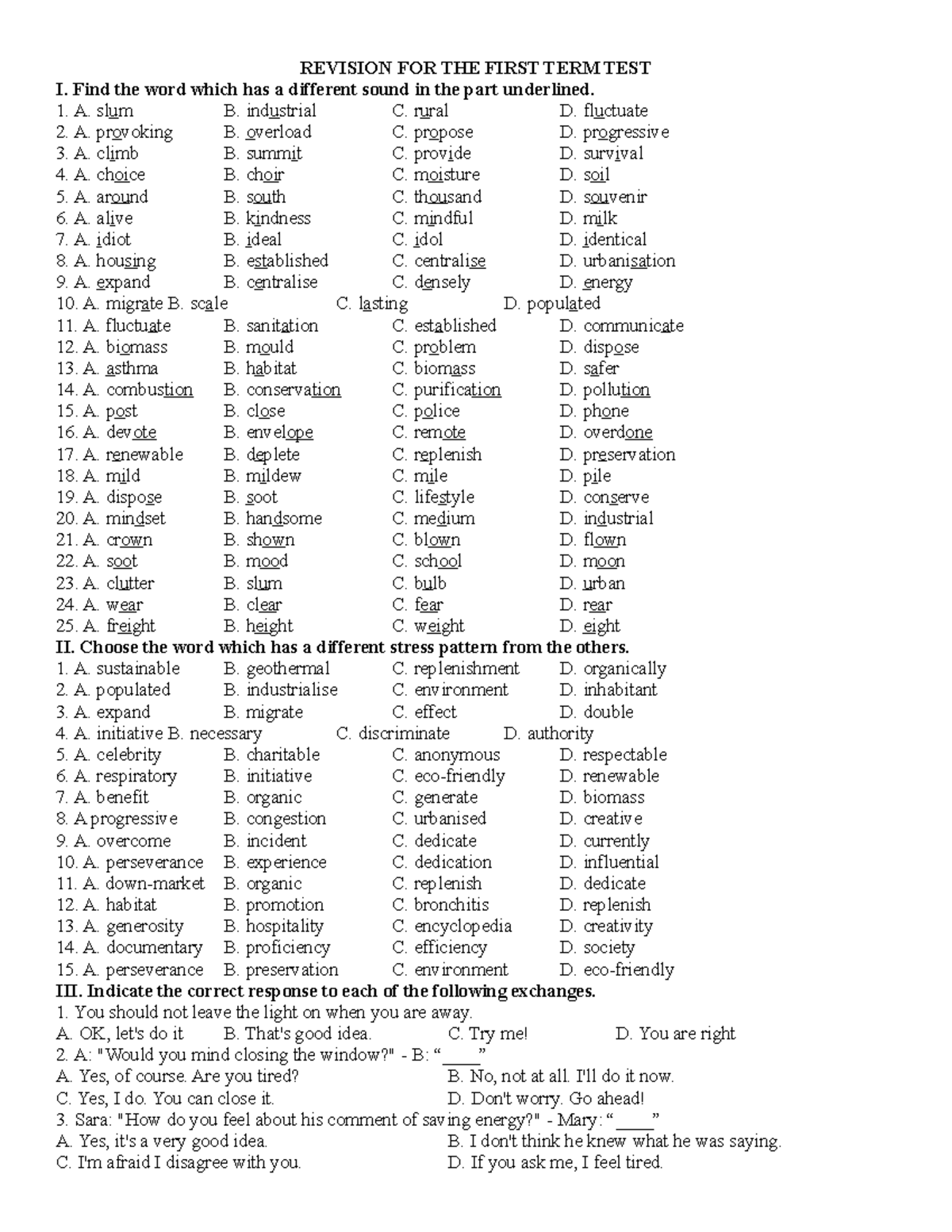 Revision - Hccyctxif - REVISION FOR THE FIRST TERM TEST I. Find the ...