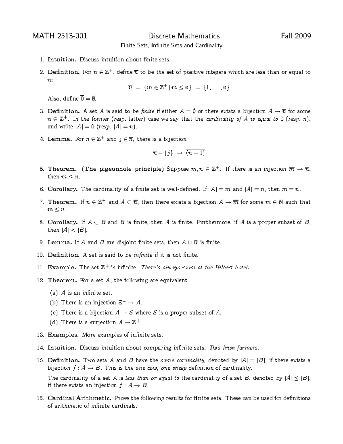 Math 2513 09 Handout Finite Sets Infinite Sets And Cardinality Studocu