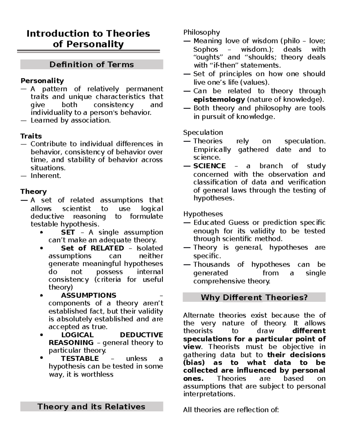 Introduction to Theories of Personality Introduction to Theories of