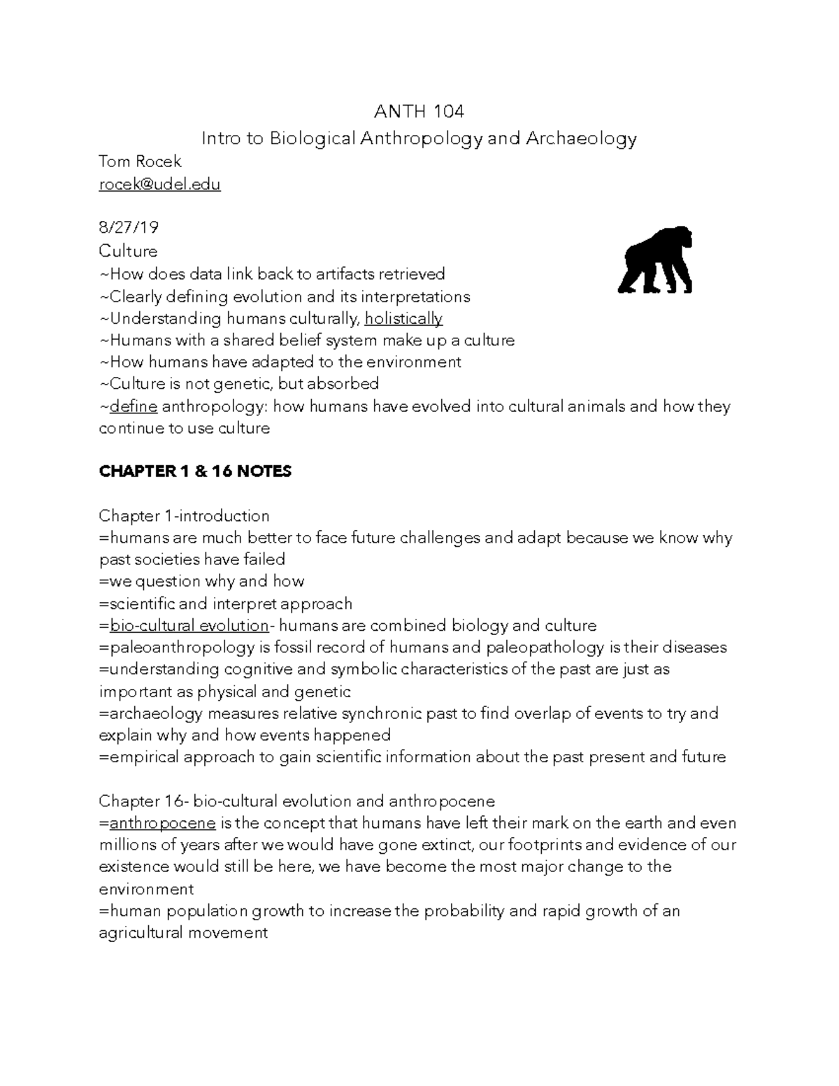 ANTH 104 Introduction to Archaeology and Biological Anthropology