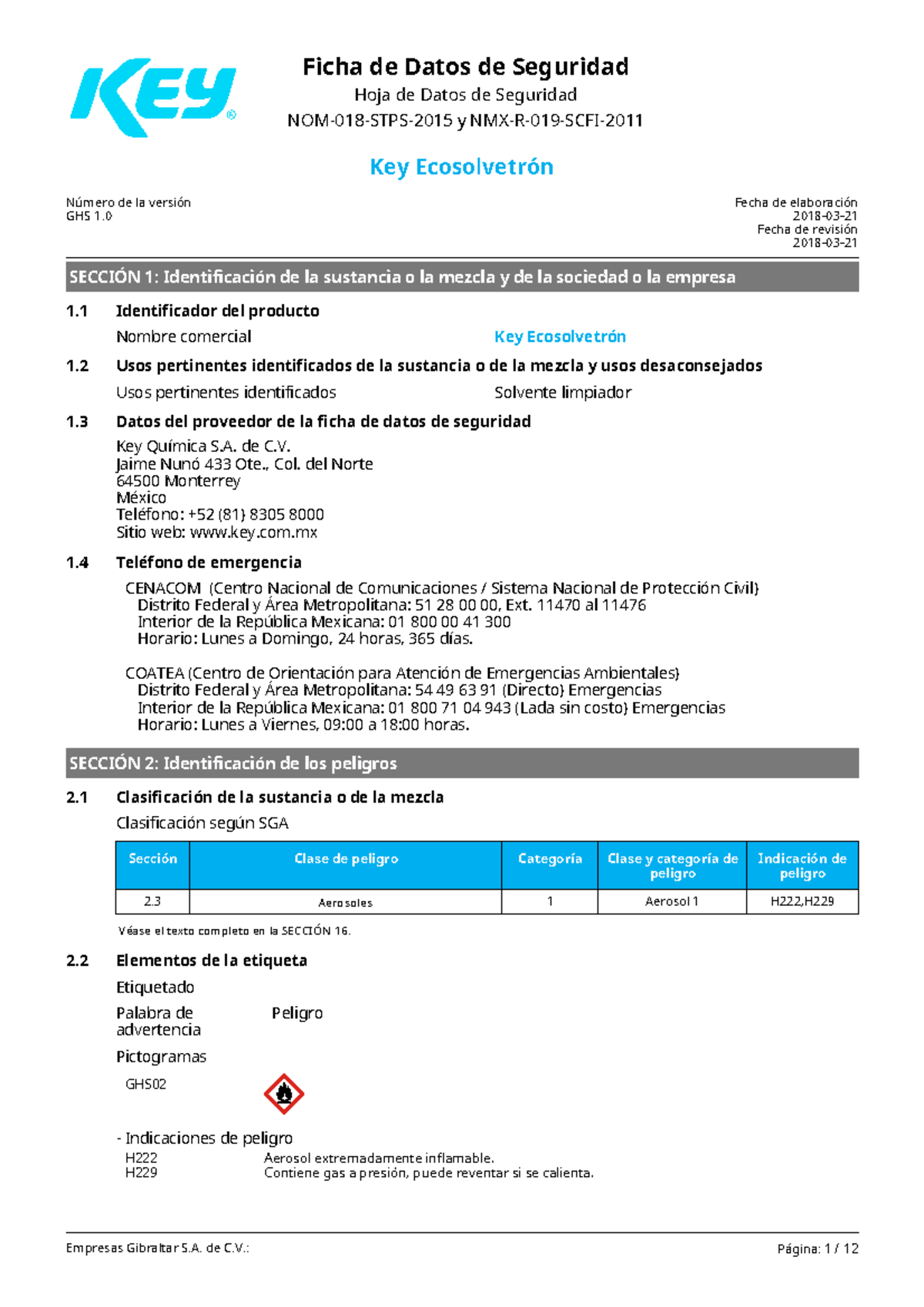 SDS-Key Ecosolvetron MX-es (002) - SECCIÓN 1: Identificación de la ...
