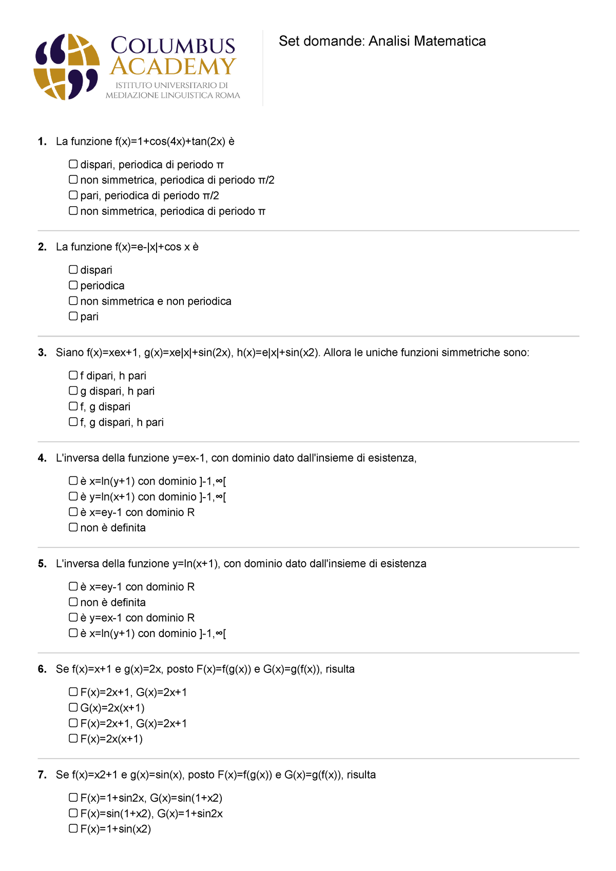 Analisi Matematica Part 2 Set Domande Analisi Matematica La Funzione