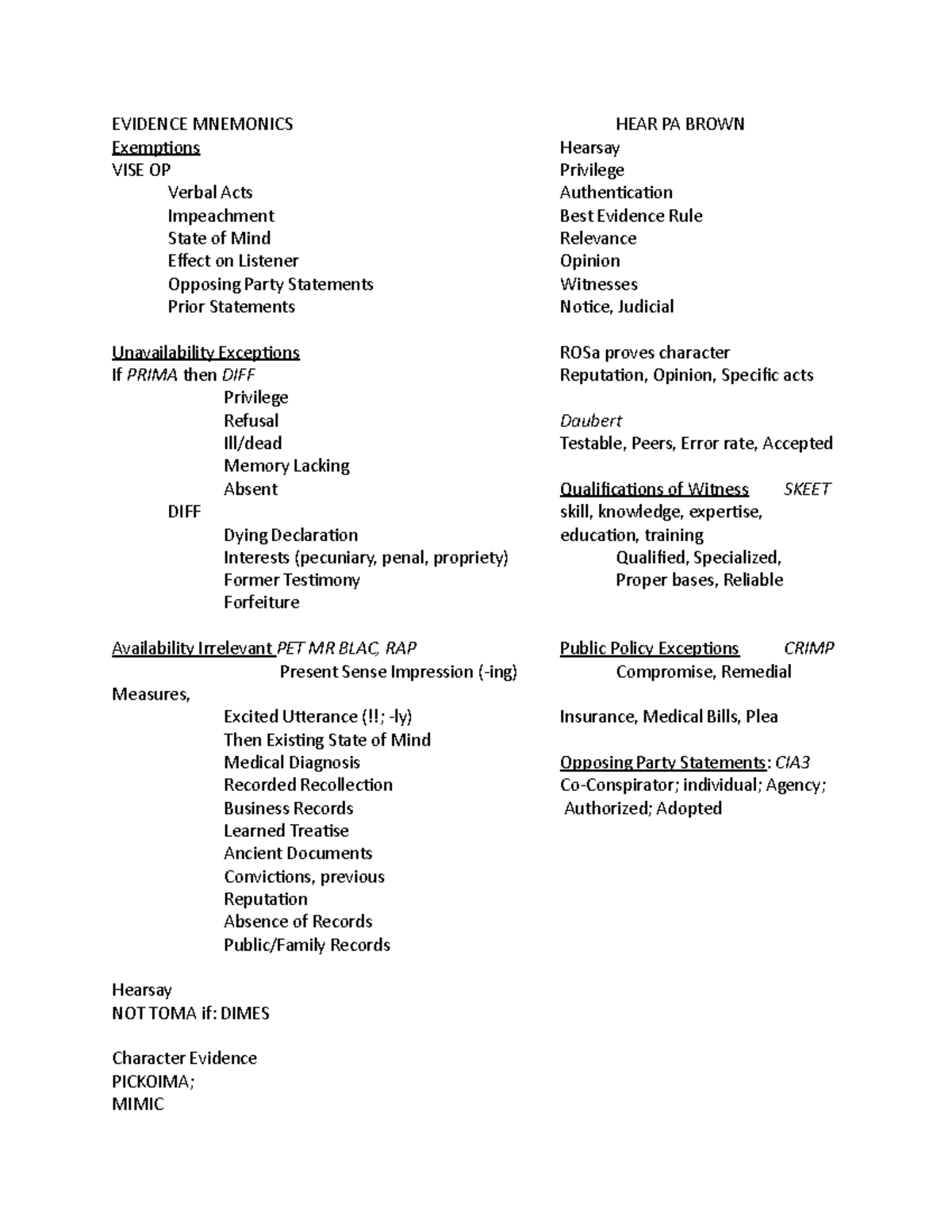 Evidence Mnemonics and Tests - EVIDENCE MNEMONICS HEAR PA BROWN ...