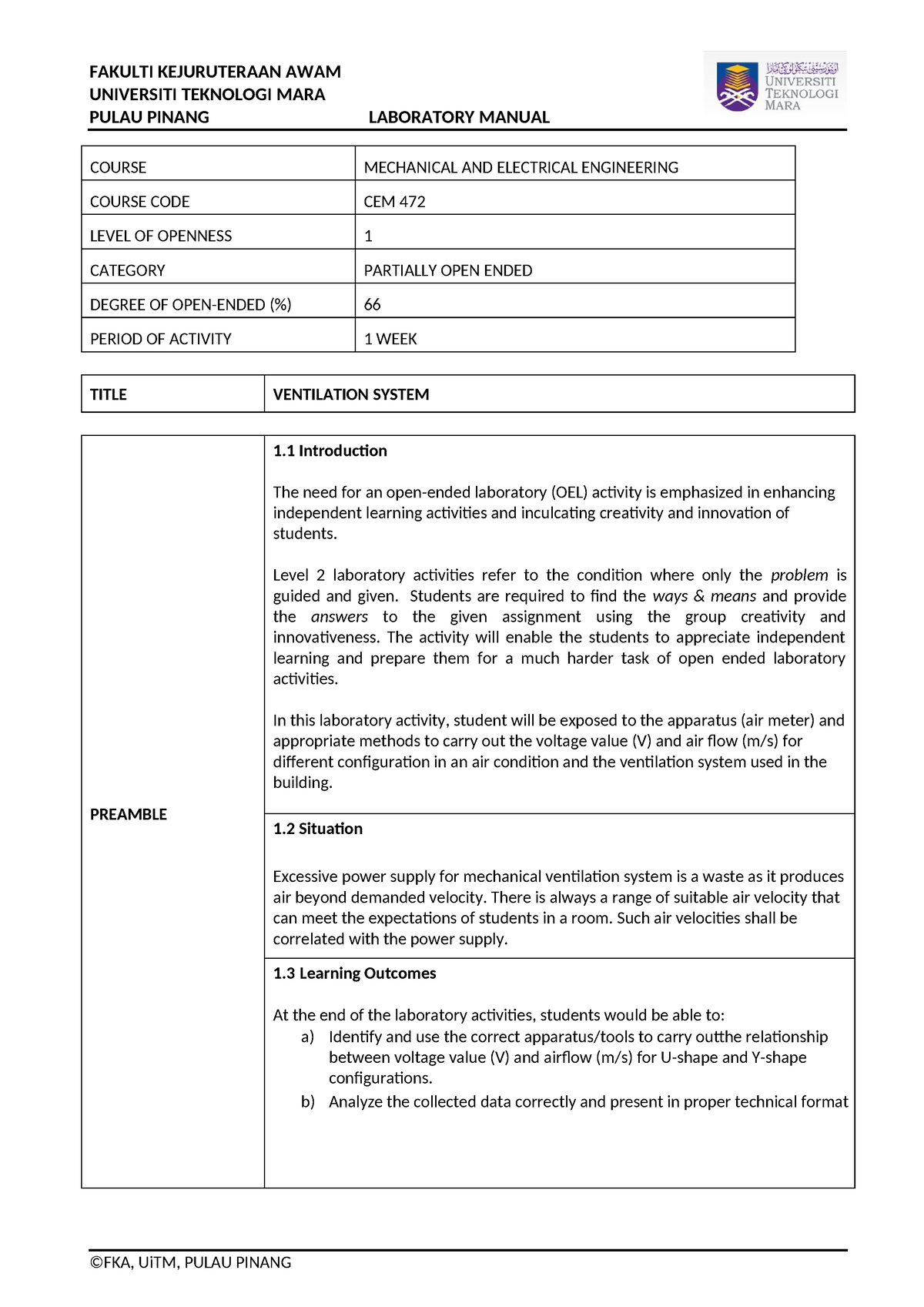 Ventilation System - Lab report - UNIVERSITI TEKNOLOGI MARA PULAU ...