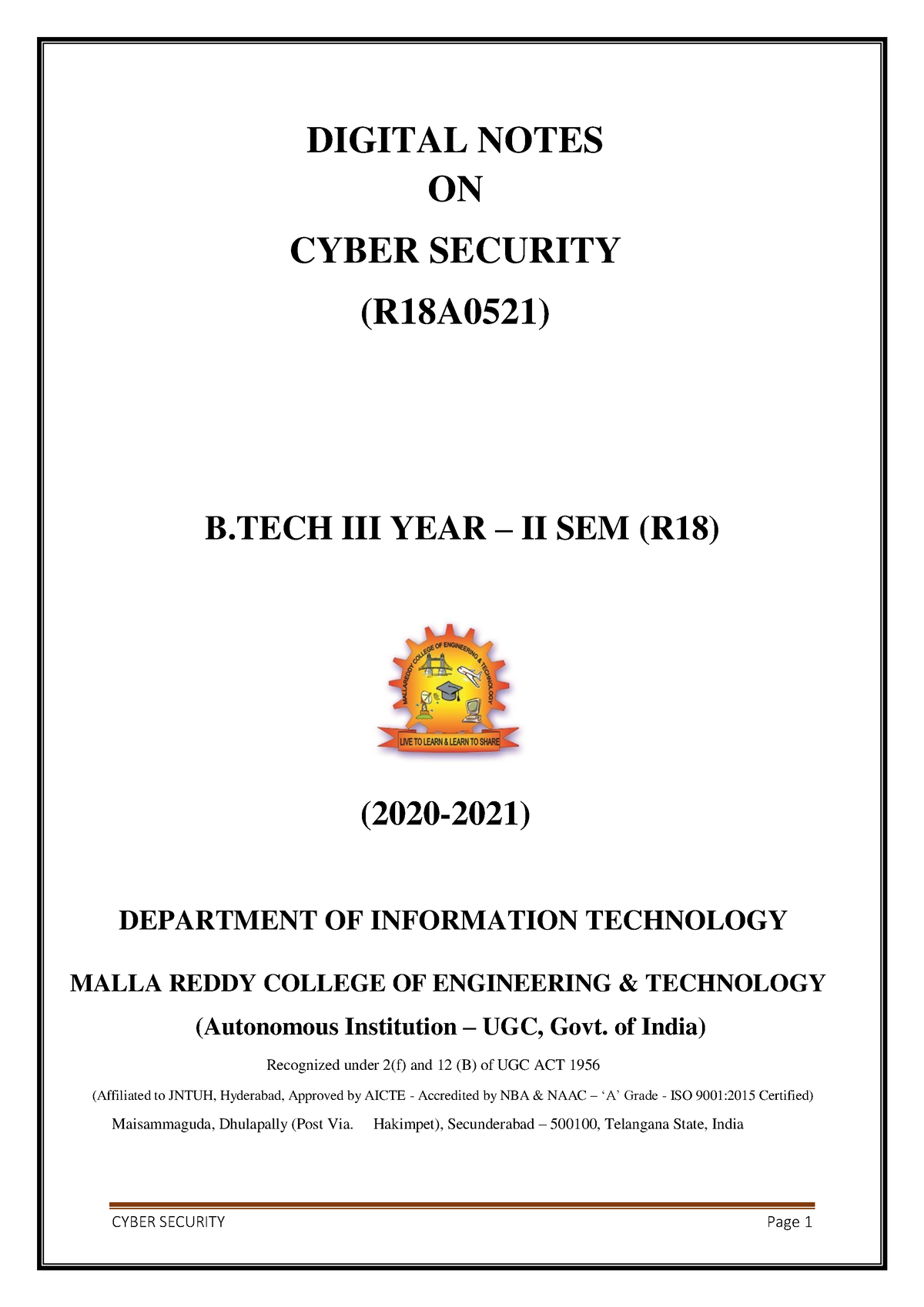 Cyber Security Mrcet - DIGITAL NOTES ON CYBER SECURITY (R18A0521) B III ...