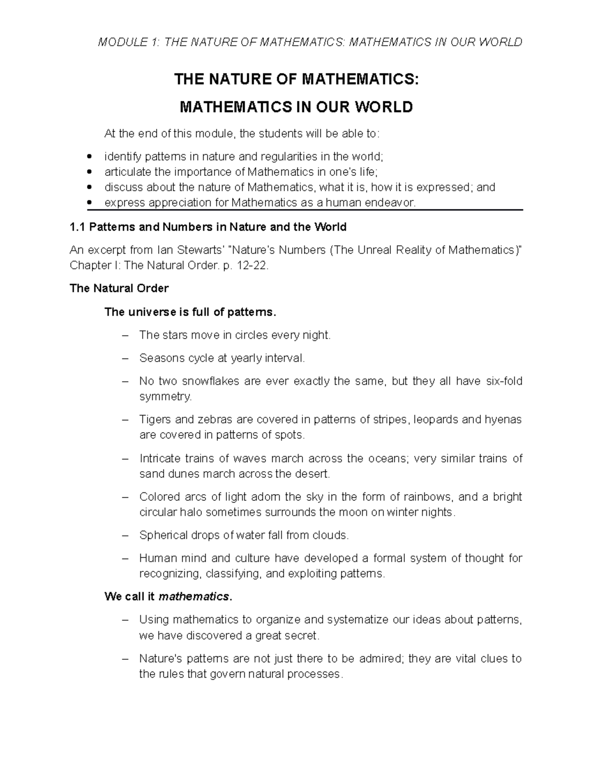 Patterns And Numbers In Nature And The World - THE NATURE OF ...