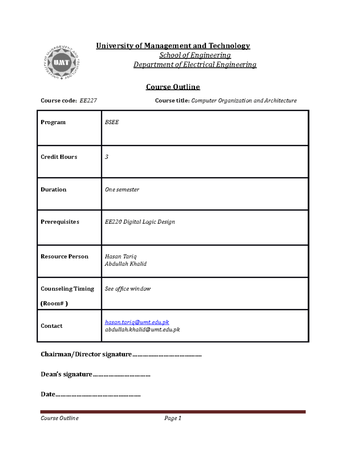 Course Outline EE227 COA Spring 22 - University of Management and ...