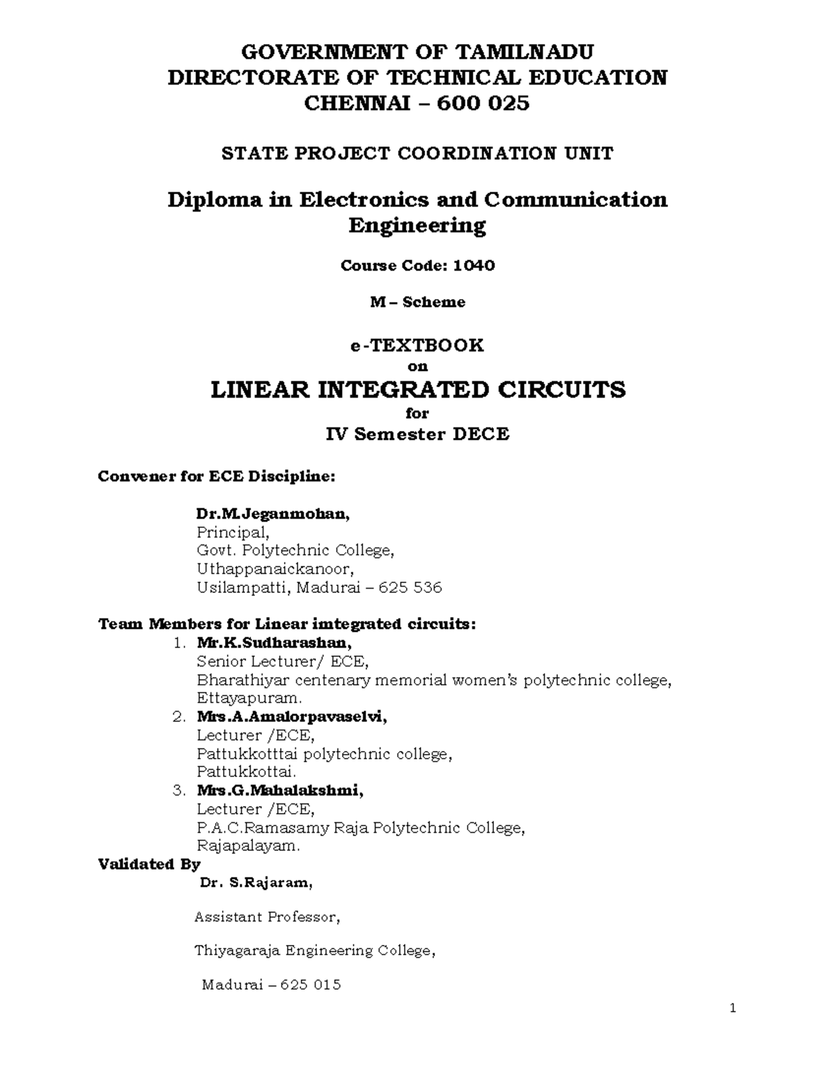 Linear Integrated Circuits - GOVERNMENT OF TAMILNADU DIRECTORATE OF ...