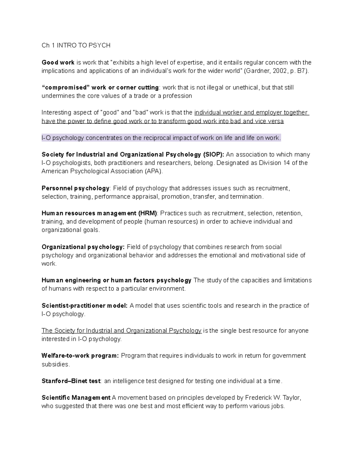 I O Psych Book Notes - Ch 1 INTRO TO PSYCH Good work is work that ...
