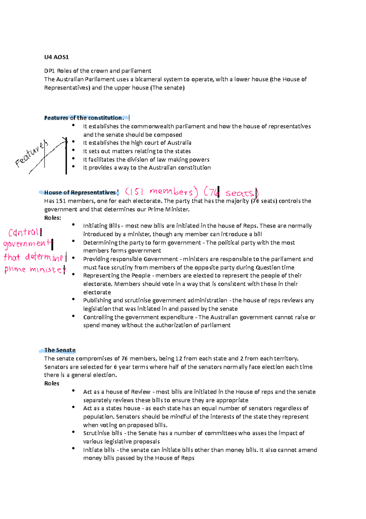 Complete notes - U4 AOS DP1 Roles of the crown and parliament The ...