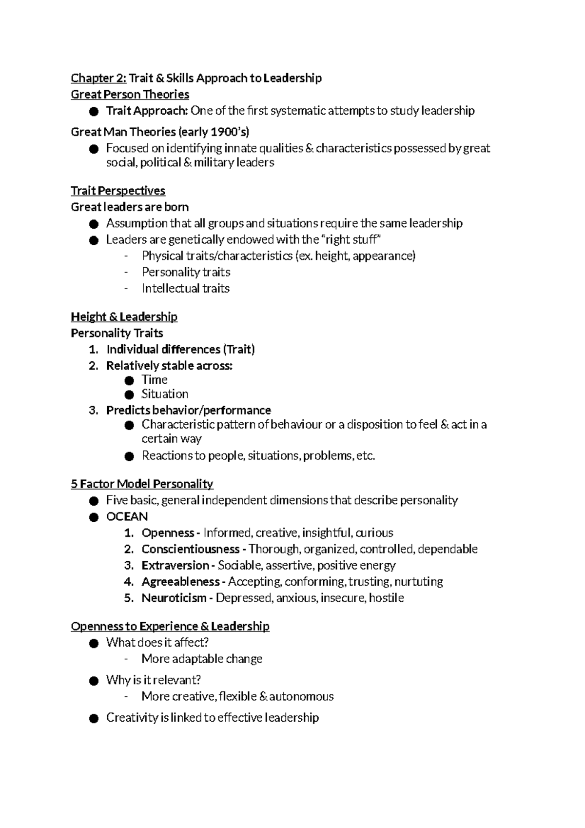 Leadership 3440 - Week 2 - Chapter 2: Trait & Skills Approach to ...