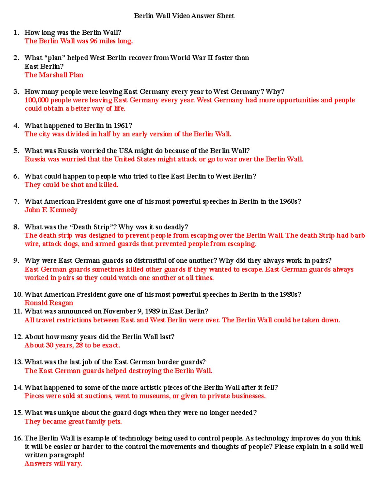 Berlin Wall Video Answer Sheet - What “plan” helped West Berlin recover  from World War II faster - Studocu