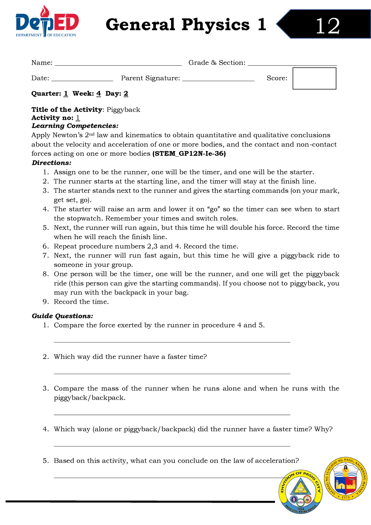 General Physics - 12 - Q1 - DW11 - Name ...