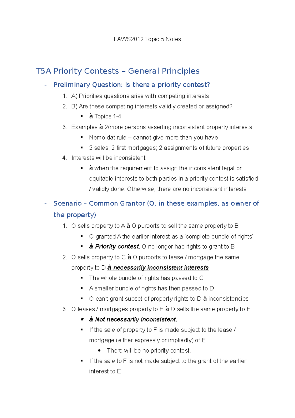 Topic 5 of LAWS2013 at USYD - LAWS2012 Topic 5 Notes T5A Priority ...