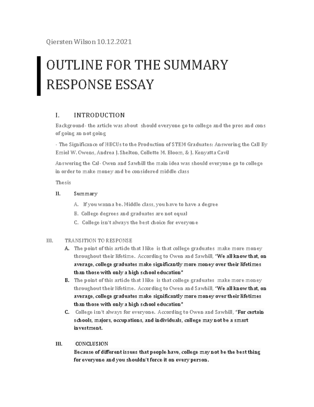 summary and response essay outline