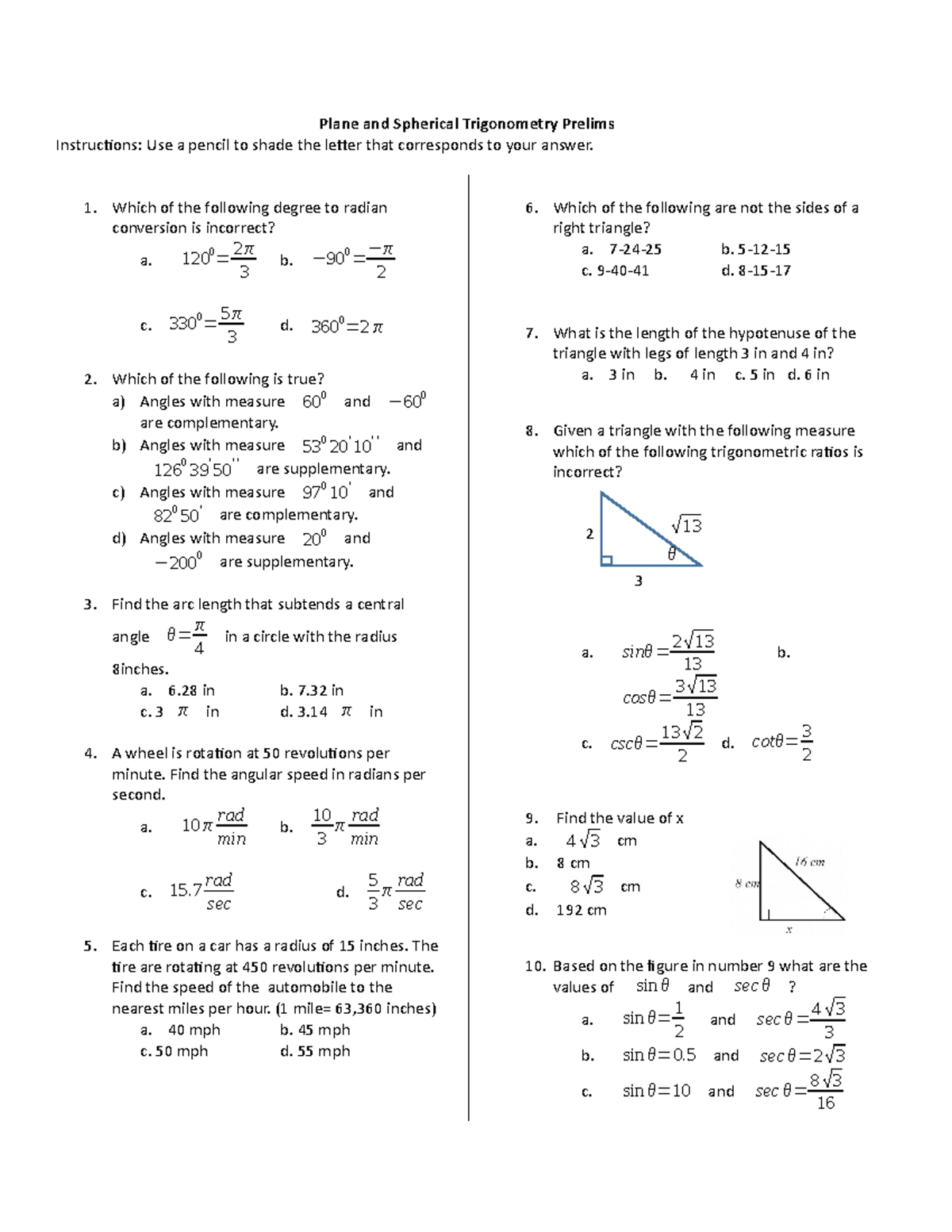 PST And CA Prelims - Plane And Spherical Trigonometry - Plane And ...