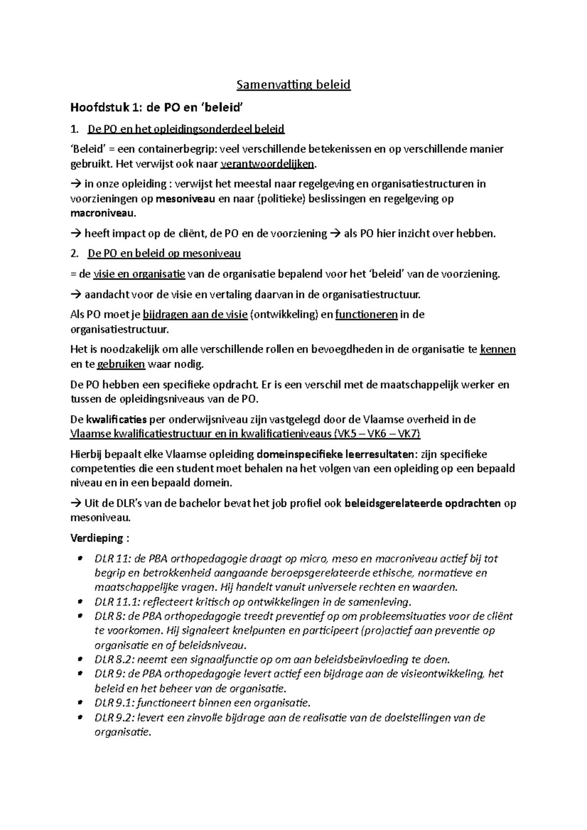 Samenvatting Beleid - Samenvatting Beleid Hoofdstuk 1: De PO En ‘beleid ...