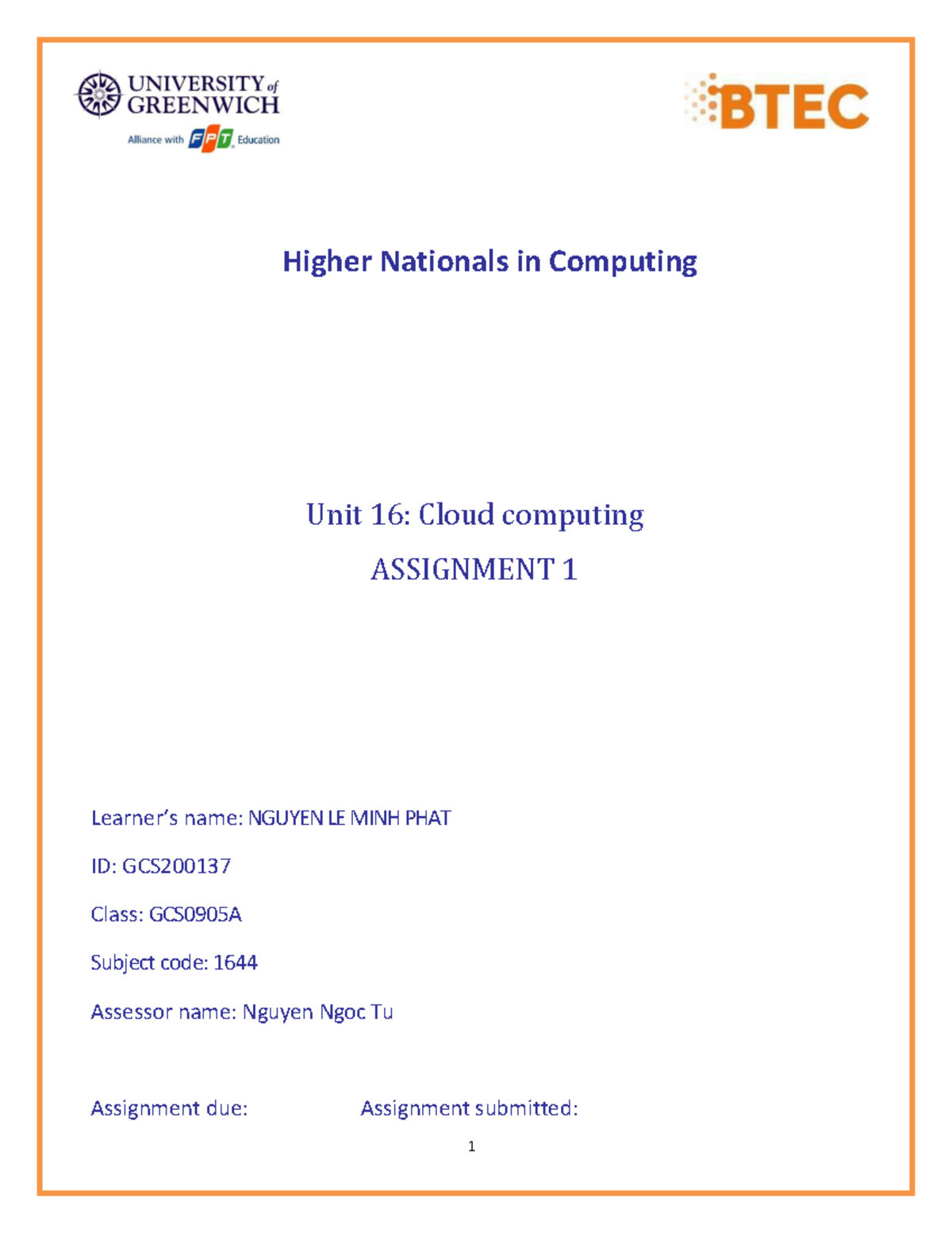 Cloud Computing (1644) | Assignment 1 - Higher Nationals in Computing ...