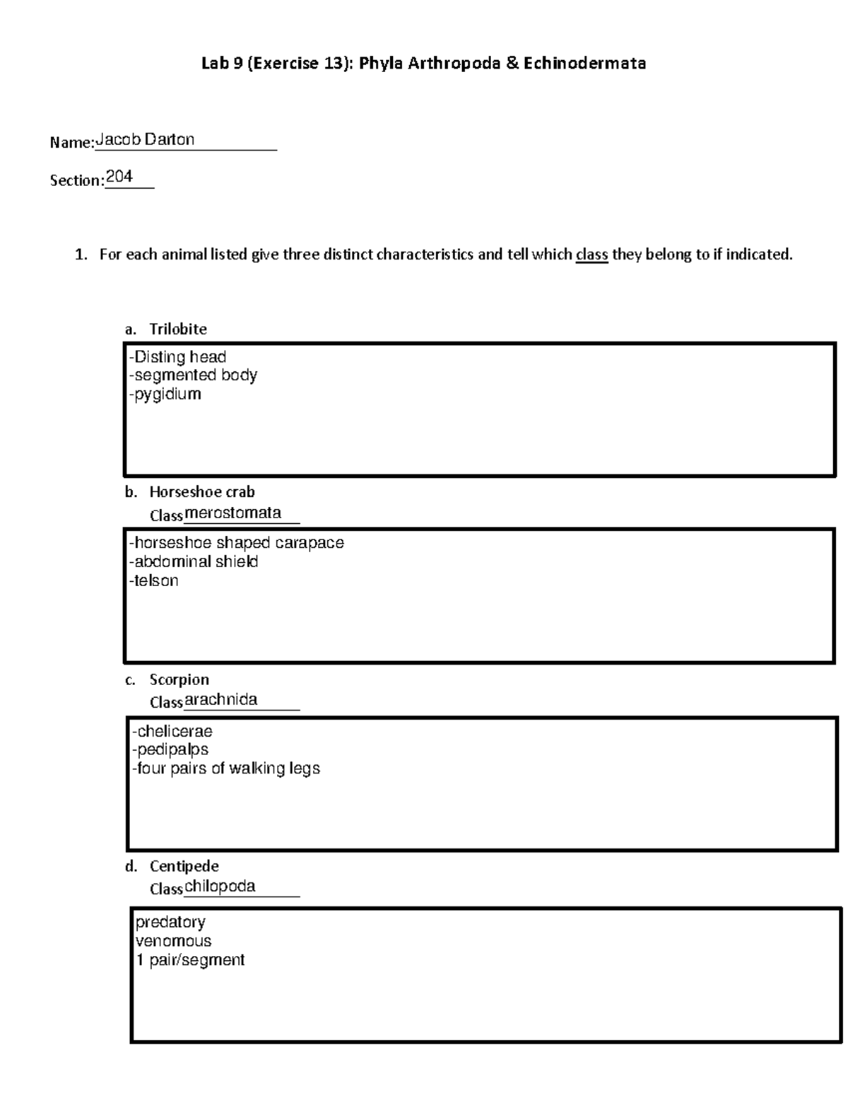 Lab 09 Arthropoda and Echinodermata Worksheet - Lab 9 (Exercise 13 ...