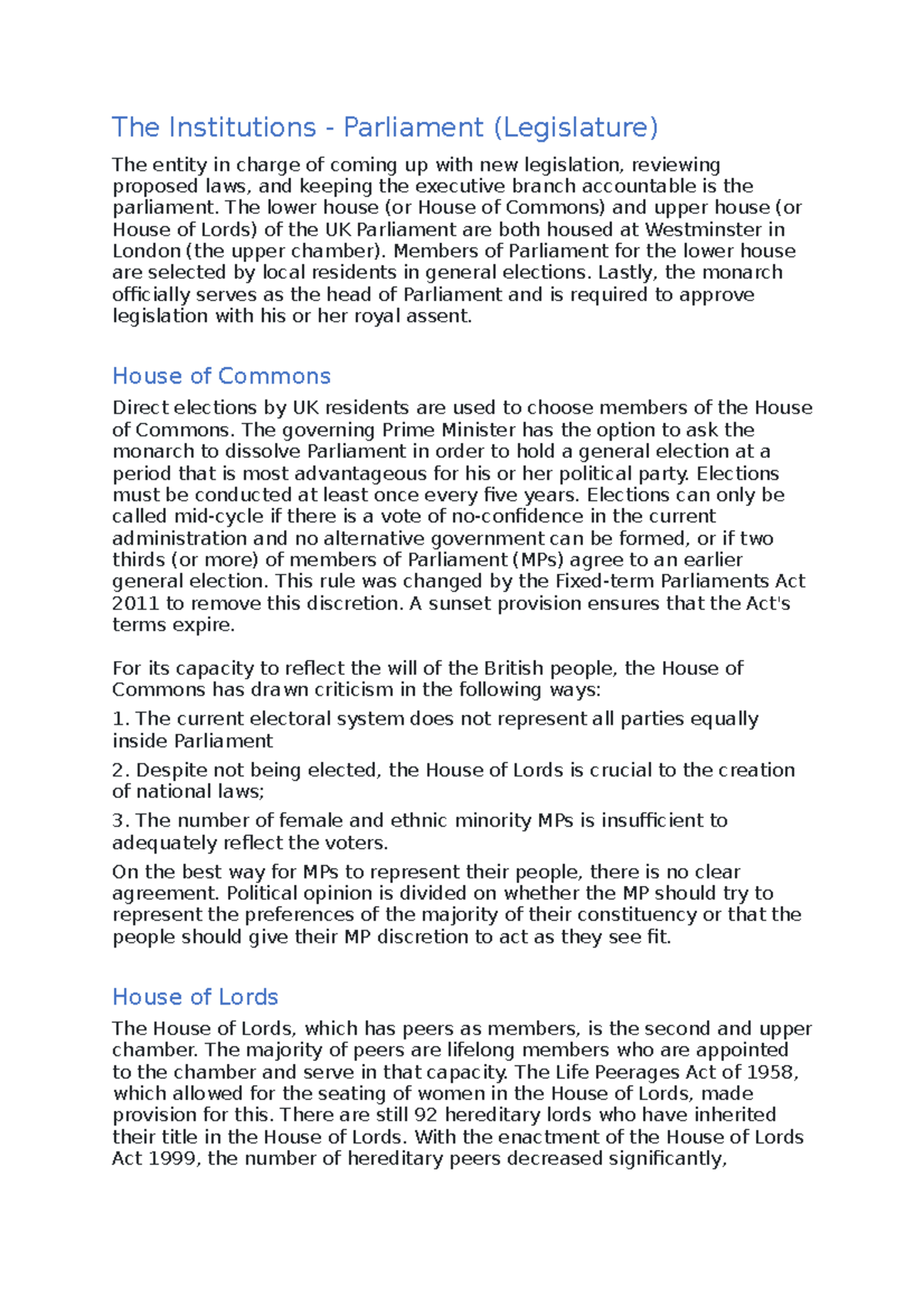 The Institutions - Parliament (Legislature) - The lower house (or House ...
