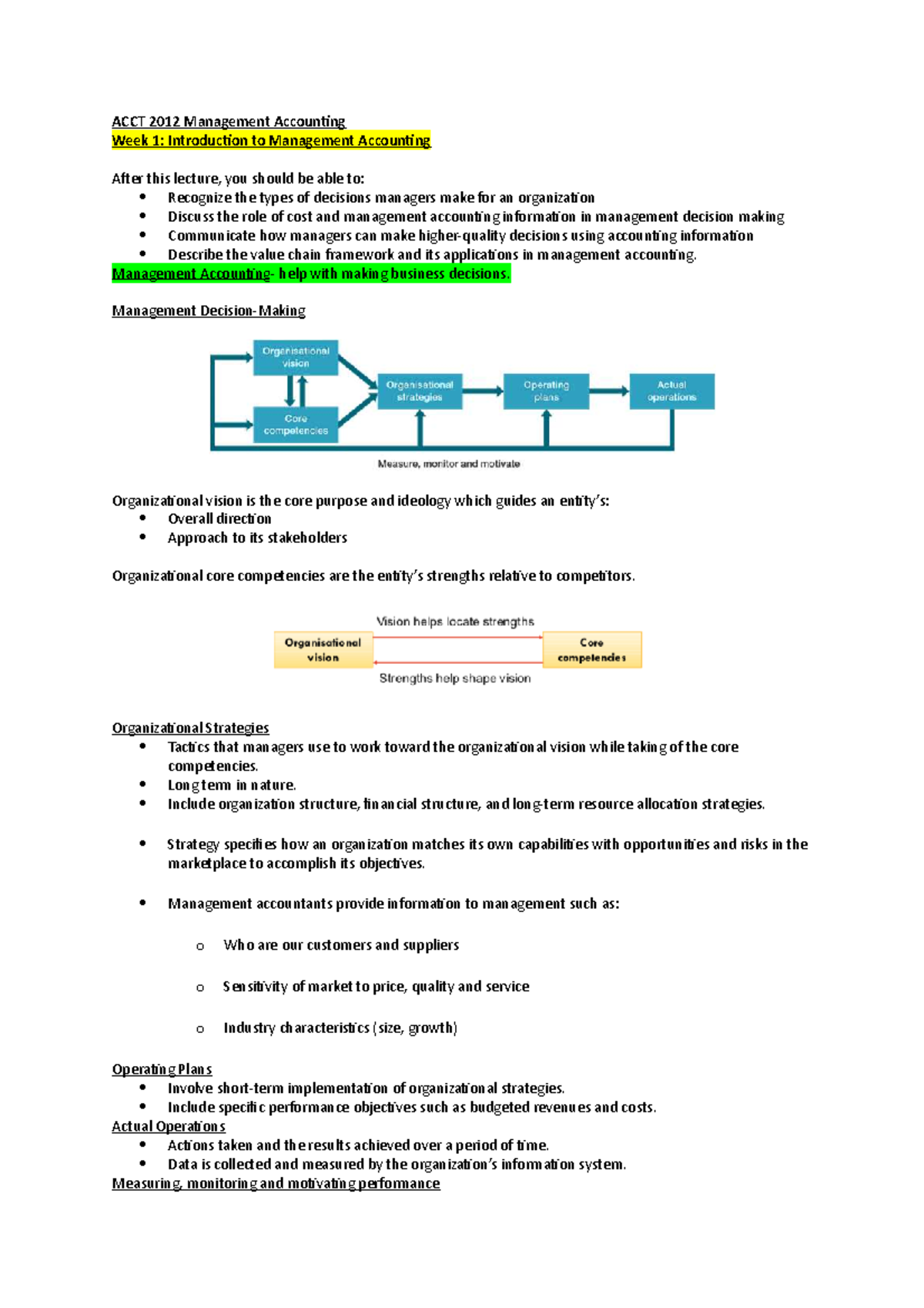 ACCT2012 Week 1 Notes - ACCT 2012 Management Accounting Week 1 ...
