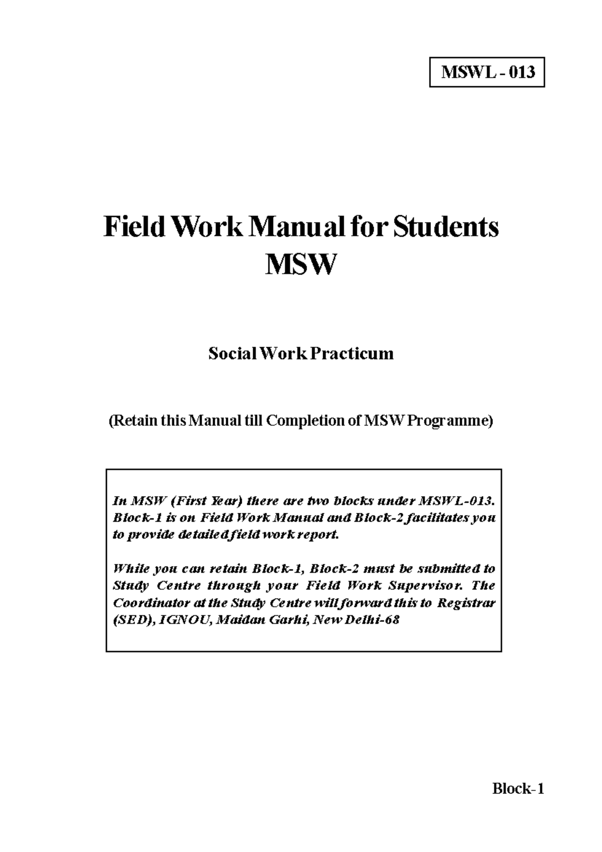 Block-1 Field Work Manual - MSWL - 013 Field Work Manual For Students ...