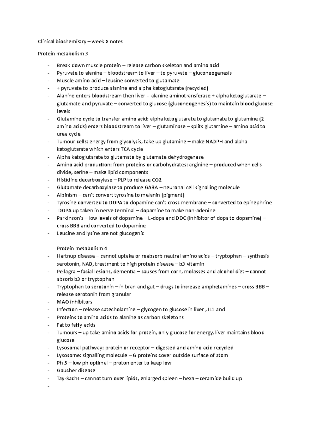 Protein metabolism 3 and 4 - week 8 - notes - Clinical biochemistry ...