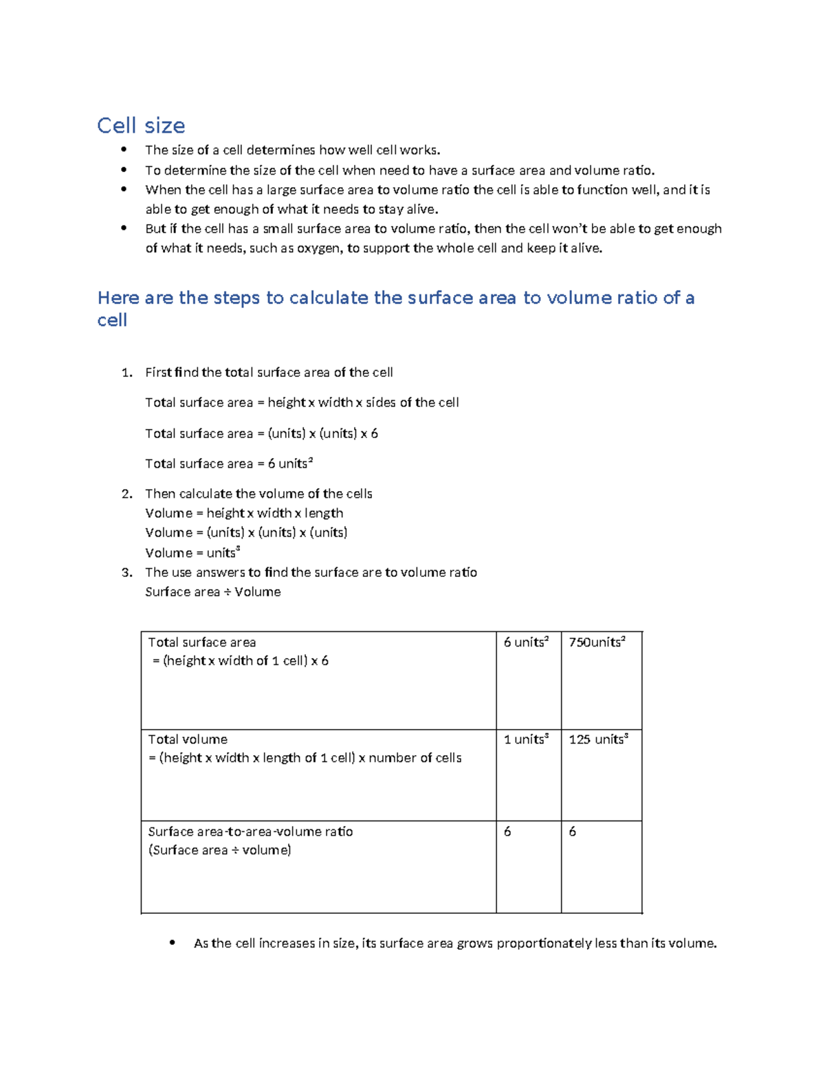 Cell size - Summary Biology - Cell size The size of a cell determines ...