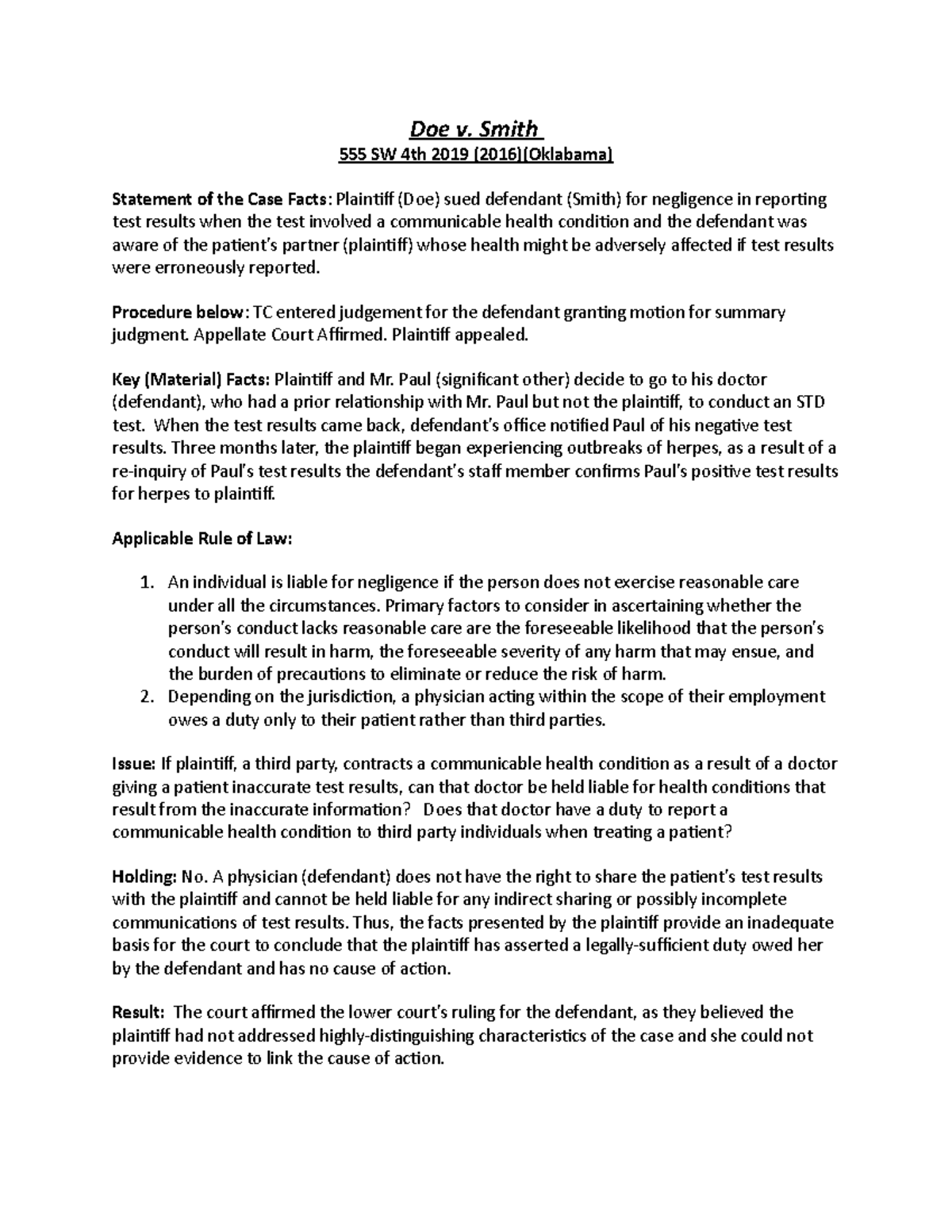 Doe v. Smith Case Brief Summary The Torts Process Doe v. Smith SW