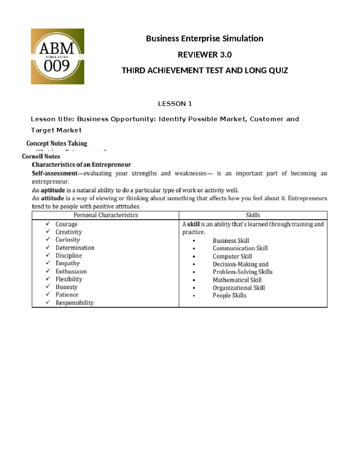 Reviewer 3.0(ABM 009) - REVIEWER 3. THIRD ACHIEVEMENT TEST AND LONG ...