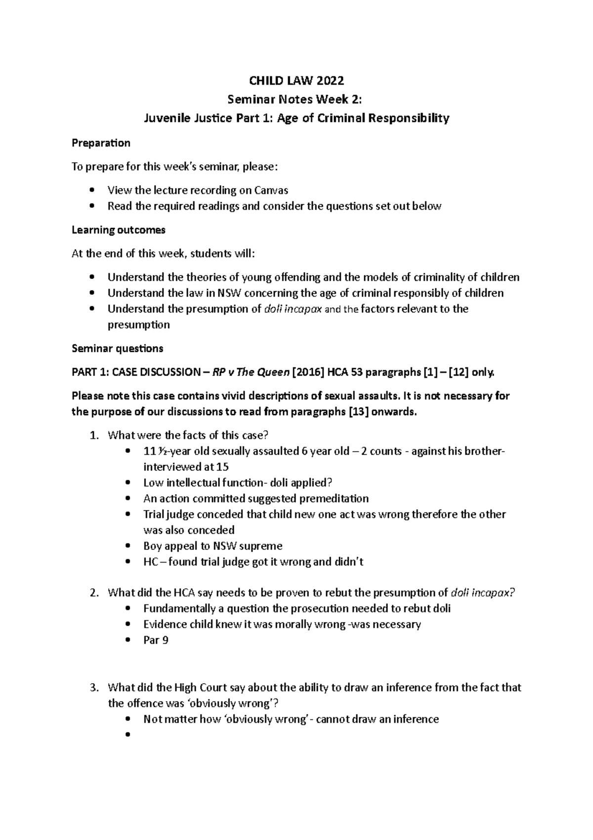 Seminar Notes Week 2 CHILD LAW 2022 Seminar Notes Week 2 Juvenile
