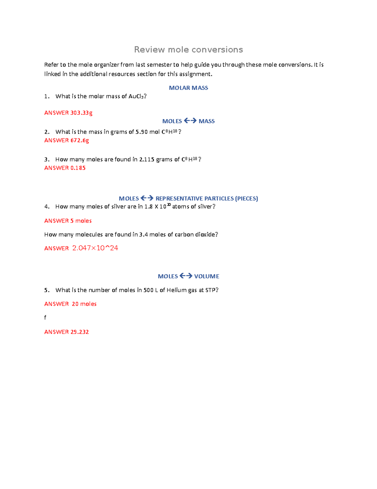 Review mole conversions - Review mole conversions Refer to the mole ...