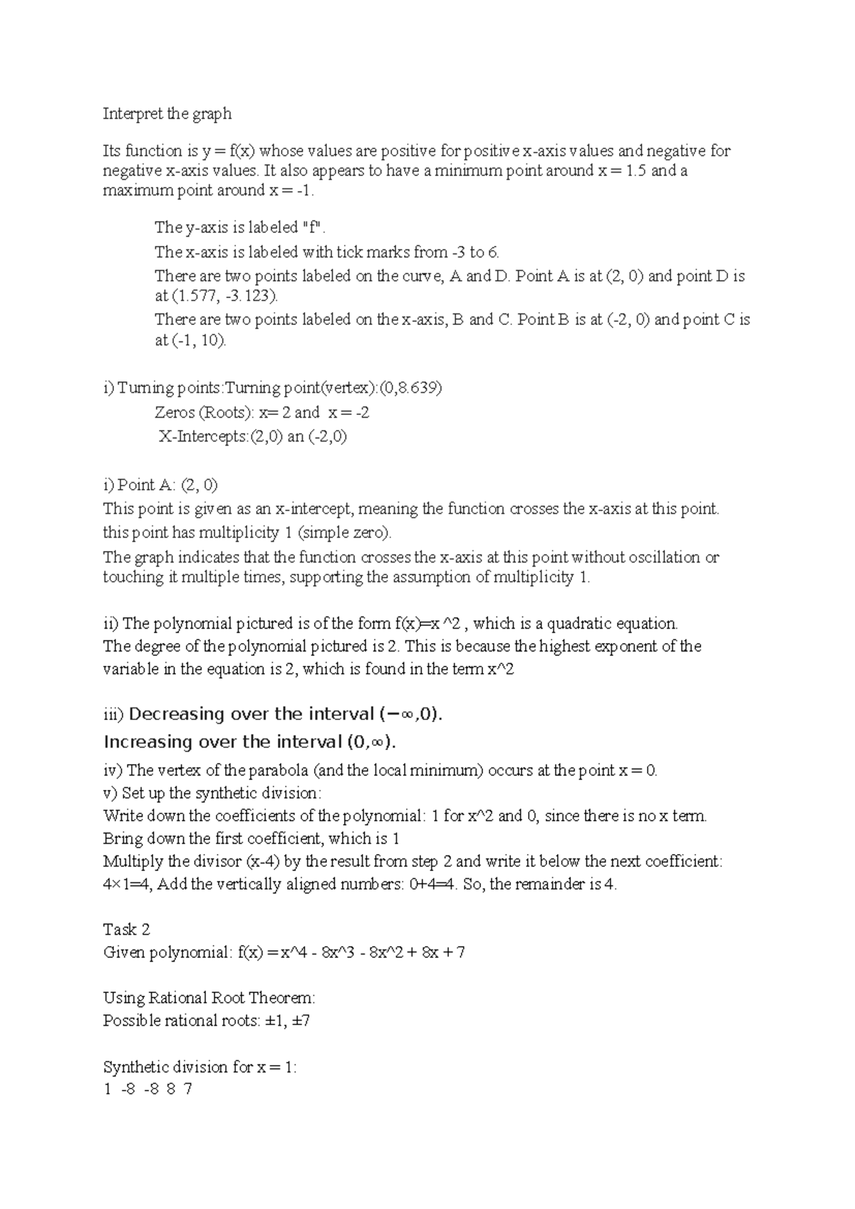 Math 1201 assignment 4 - Interpret the graph Its function is y = f(x ...
