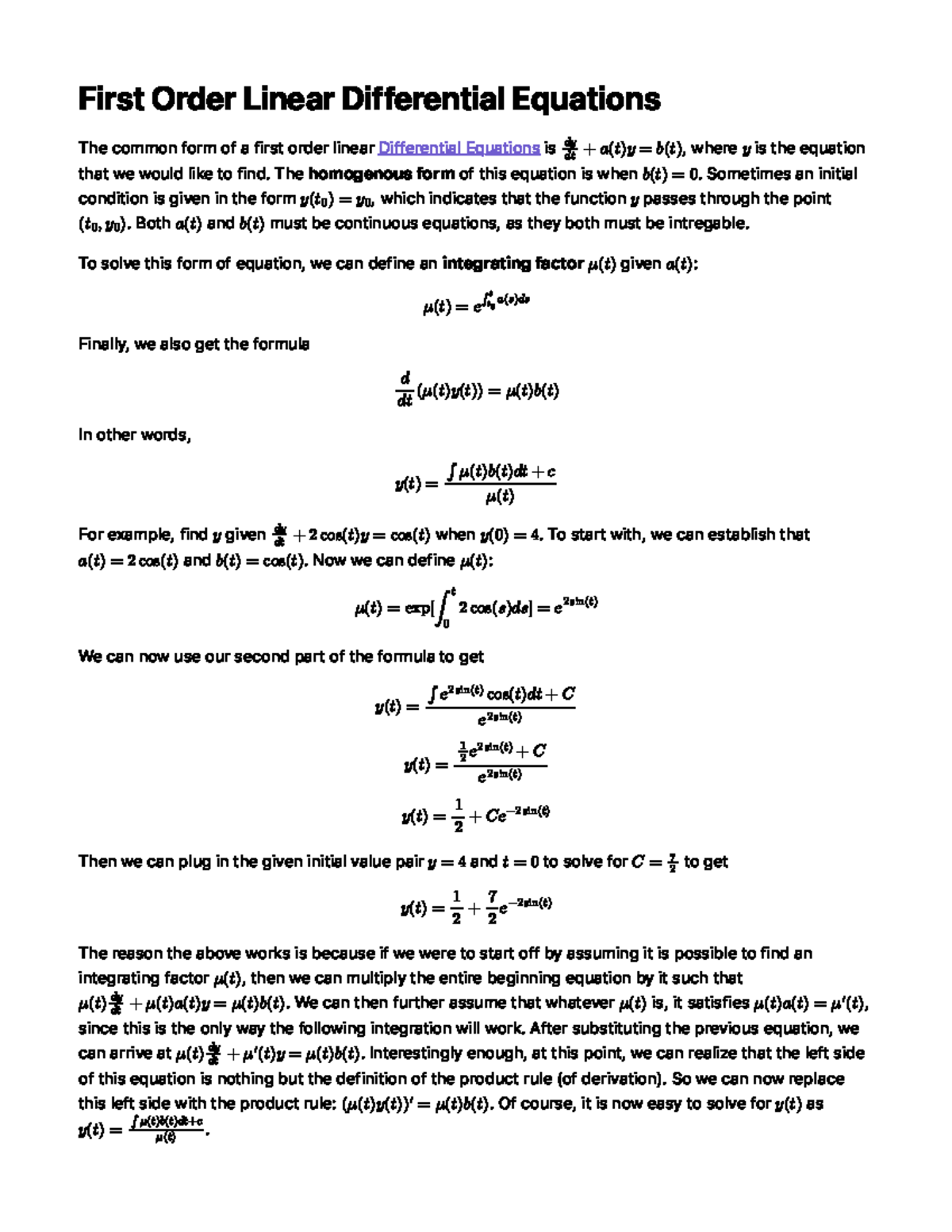 First Order Linear Differential Equations The Homogenous Form Of This Equation Is When 2344