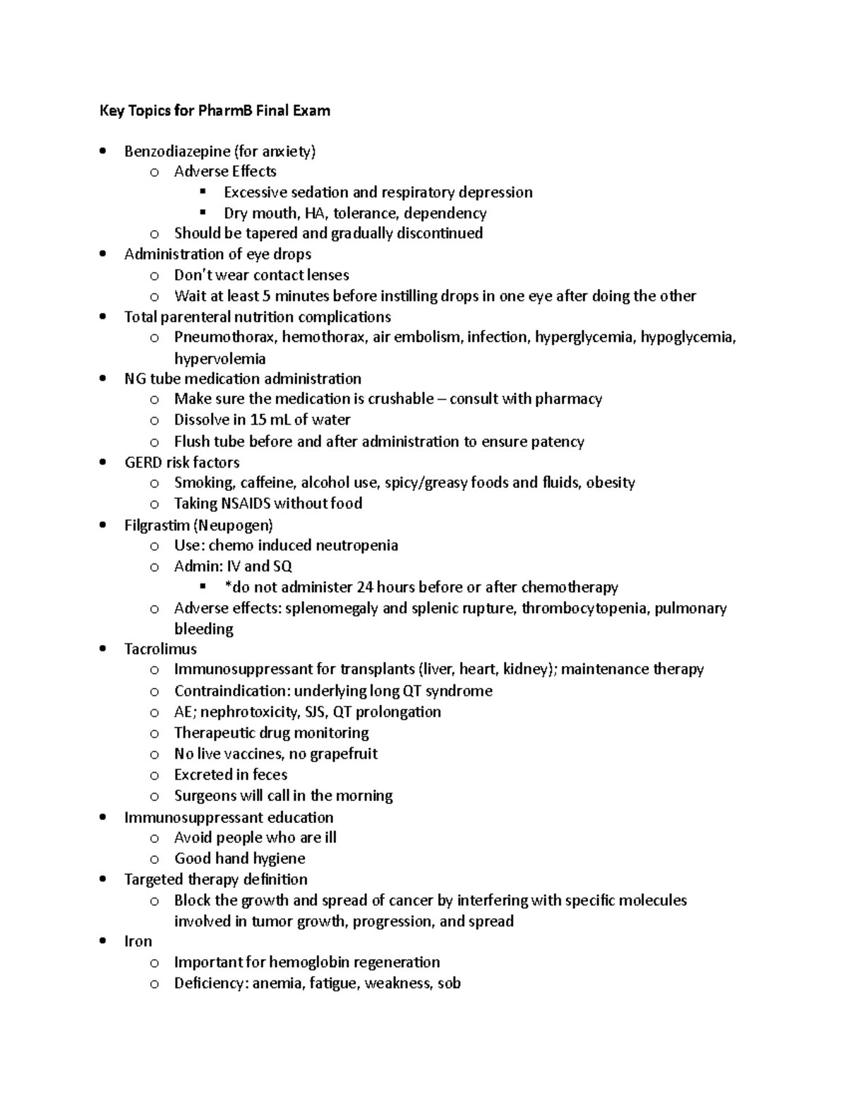 Key Topics for Final Exam - Key Topics for PharmB Final Exam ...