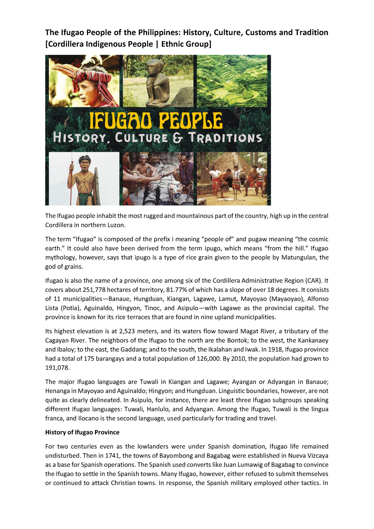 GEN ED 1 - GEN ED 1 - The Ifugao People of the Philippines: History ...