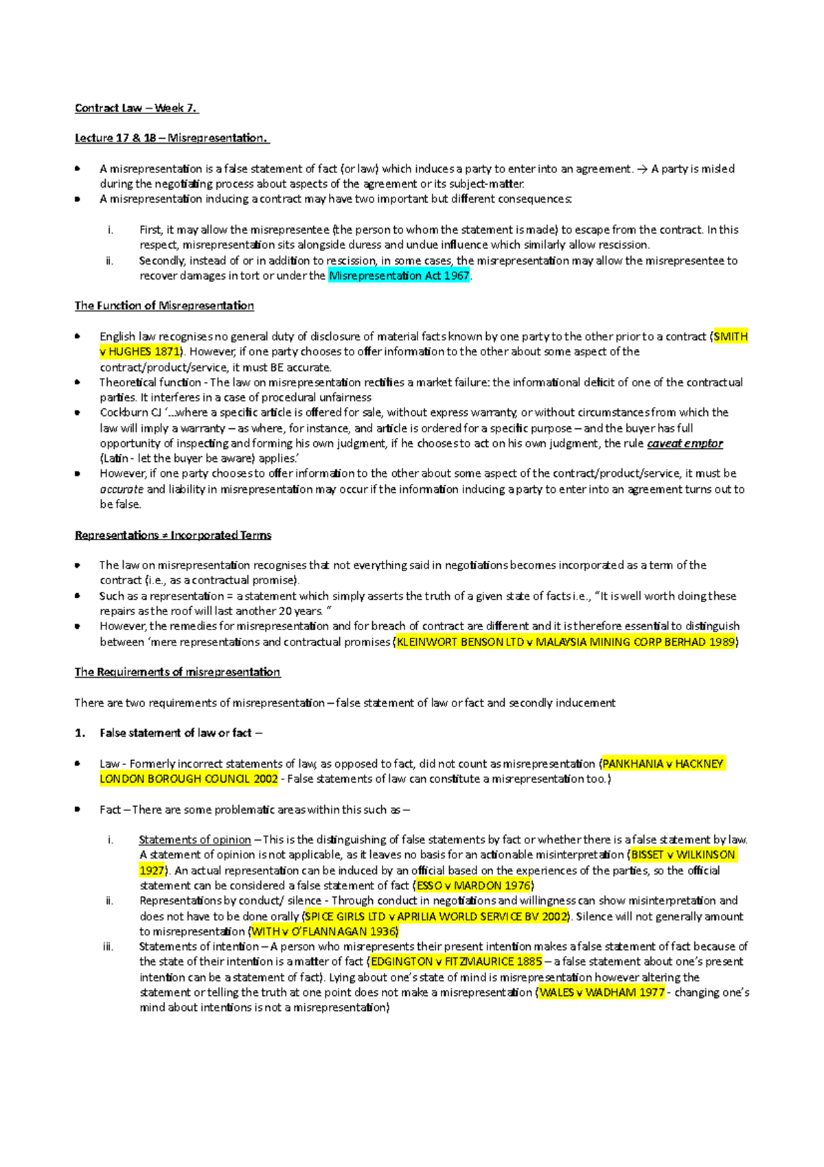 11. Contract LAW - WK 7 ( Misrepresentation) - Contract Law – Week 7 ...