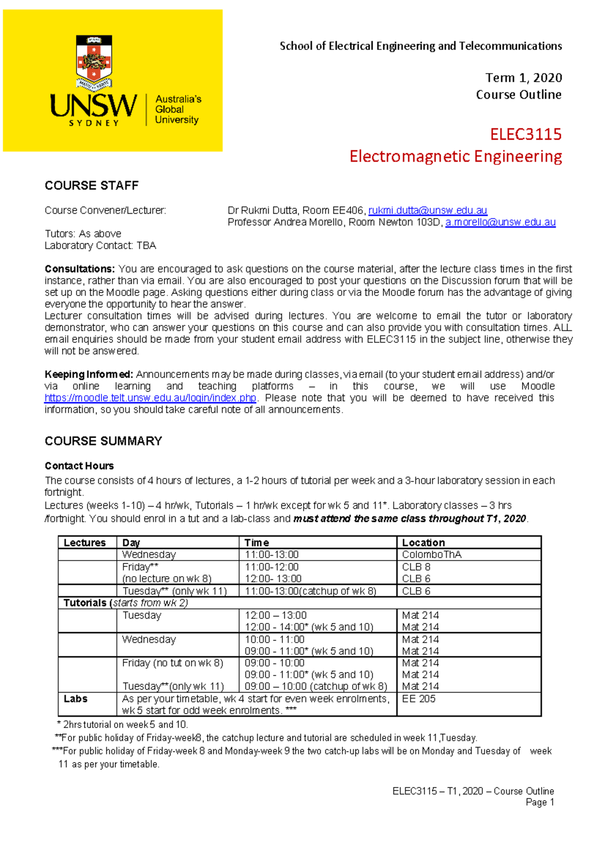 ELEC3115-T1-2020 Course Outline - ELEC3115 – T1, 2020 – Course Outline ...