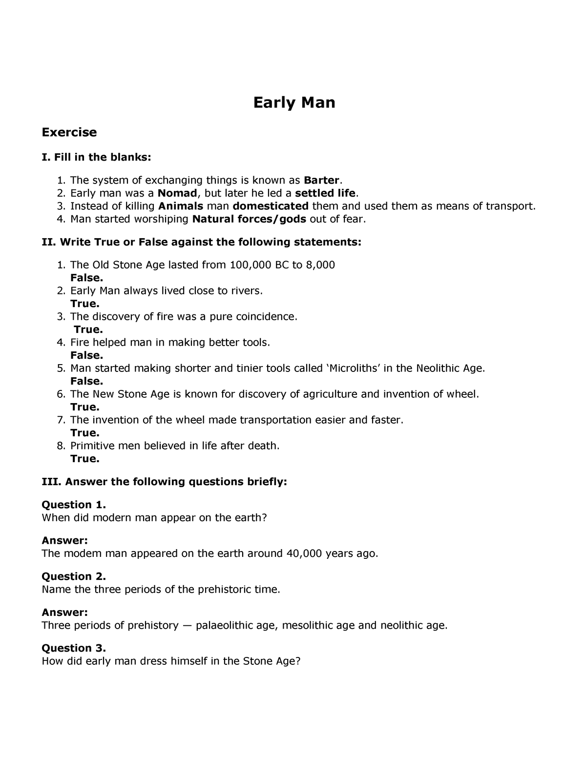 Early Man - notes - ncertbooksolutions Early Man Exercise I. Fill in ...