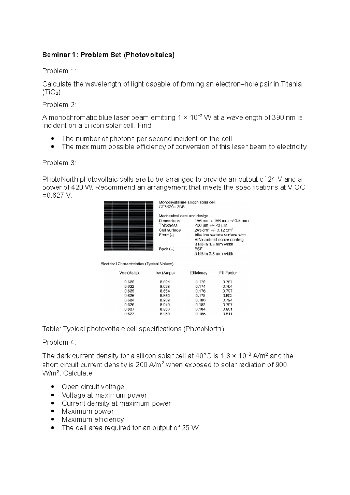 Problem Set Photovoltaics 01 - Seminar 1: Problem Set (Photovoltaics ...